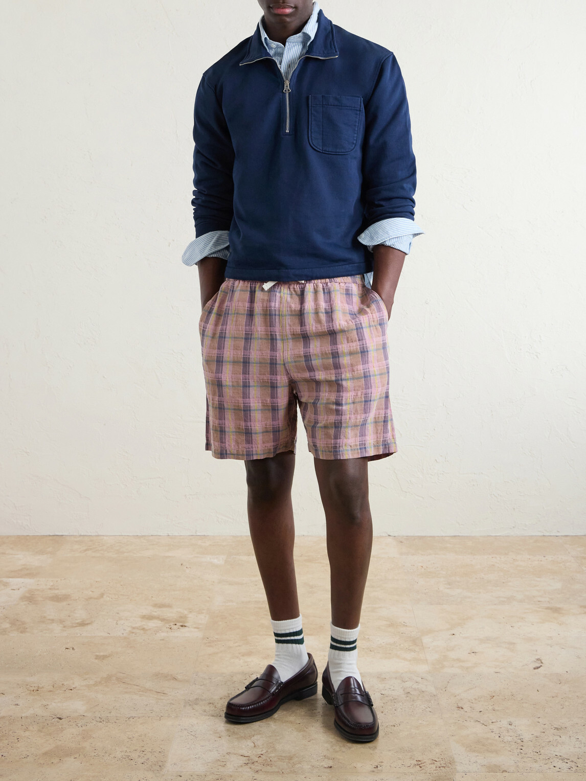 Drake's - Straight-Leg Checked Linen And Cotton-Blend Drawstring Shorts - Pink