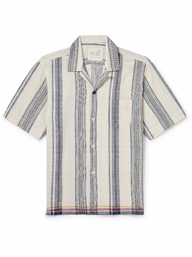 Photo: Kardo - Ayo Convertible-Collar Striped Embroidered Cotton Shirt - Blue