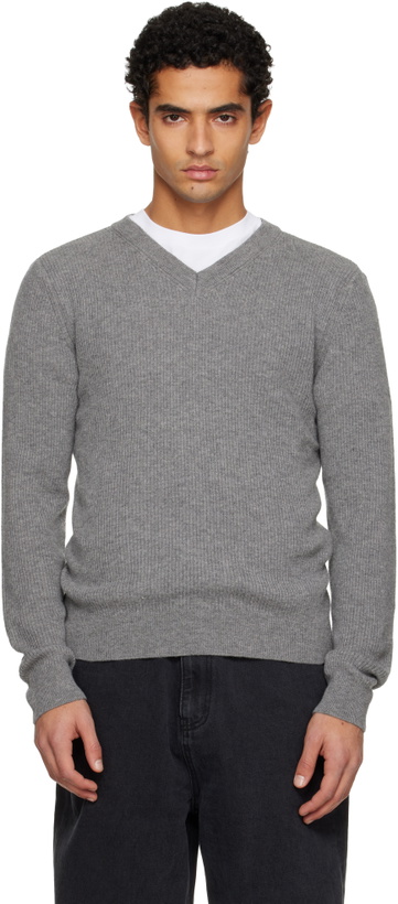 Photo: TONYWACK Gray Ribbed V-Neck Sweater