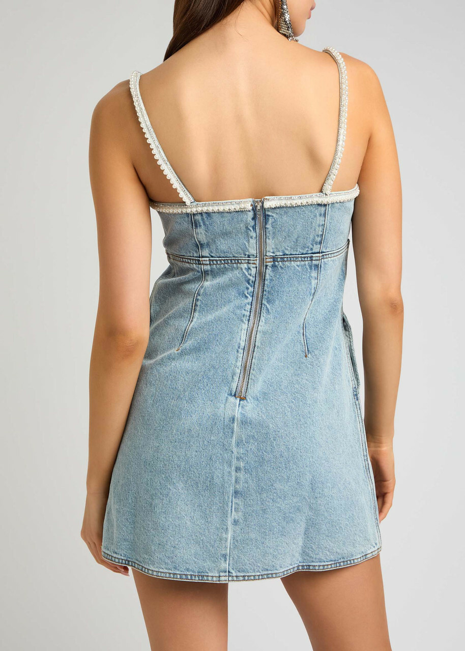 white christmas dresses Bow Detail Spaghetti Straps Ruffle Hem Denim Dress Light Blue / XL main image 1