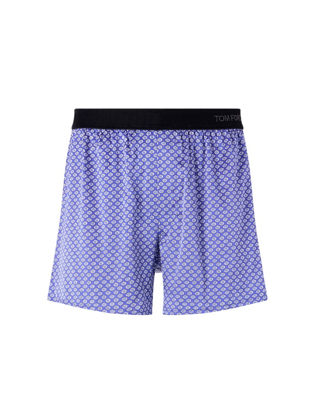 Photo: TOM FORD - Printed Stretch-Silk Satin Boxer Briefs - Blue