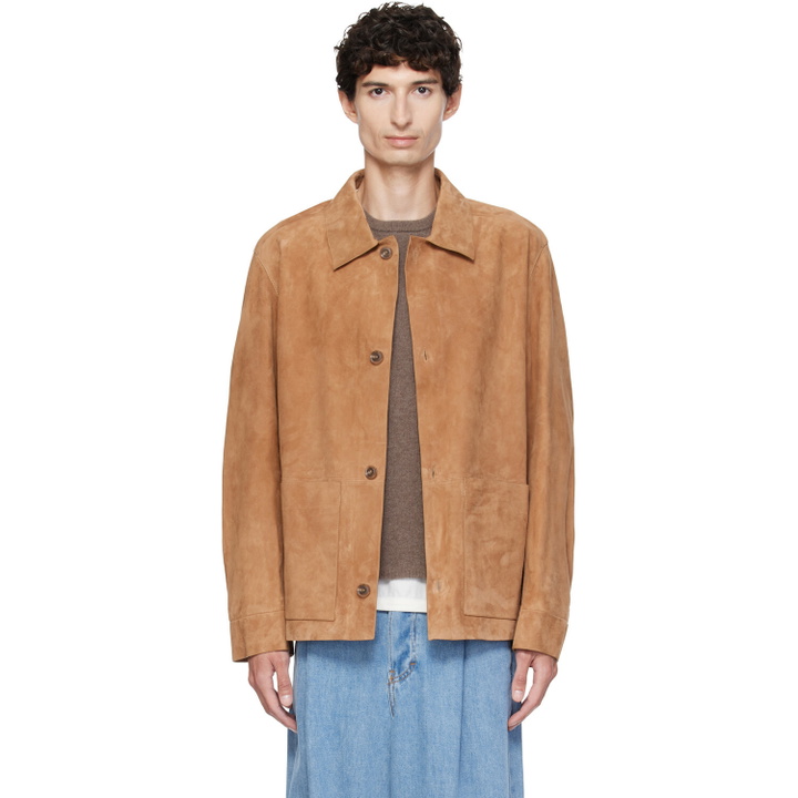 Photo: BOSS Tan Button-Up Suede Checkered Lining Leather Jacket