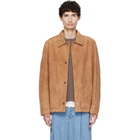 BOSS Tan Button-Up Suede Checkered Lining Leather Jacket