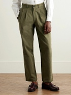 Noah - Straight-Leg Pleated Herringbone Cotton Trousers - Green