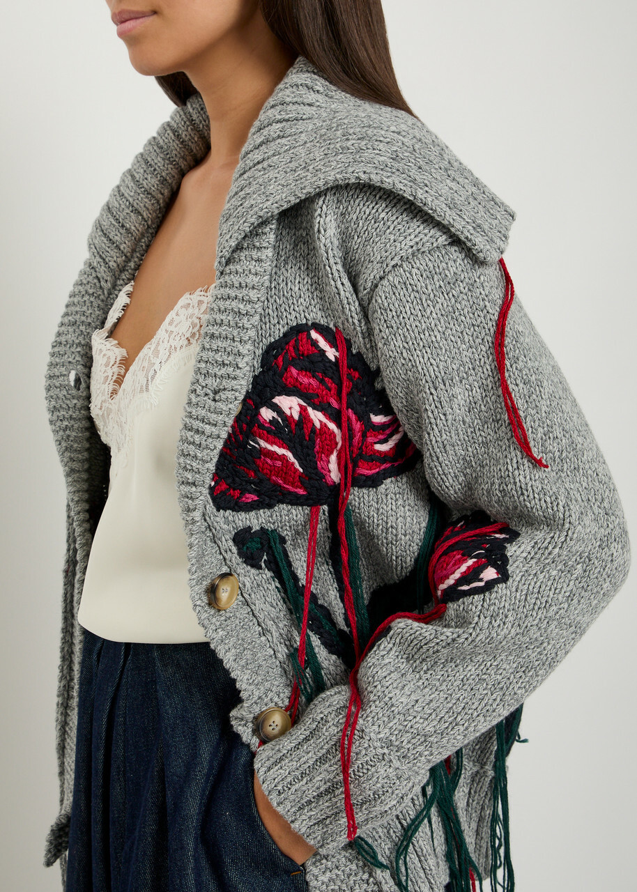 Erdem Embroidered Wool and Cotton-blend Cardigan Grey