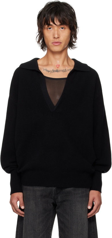 Photo: stein Black Extra Fine Wool Knit Skipper Polo