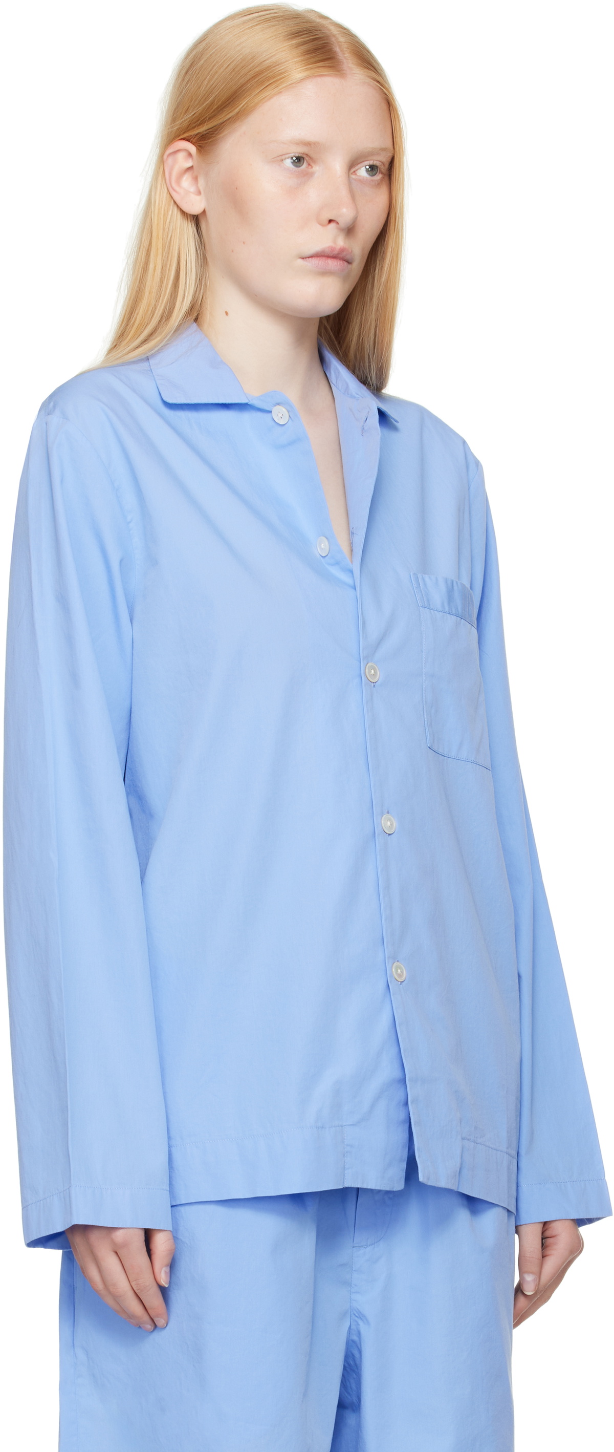 Tekla Blue Poplin Long-Sleeved Pyjama Shirt