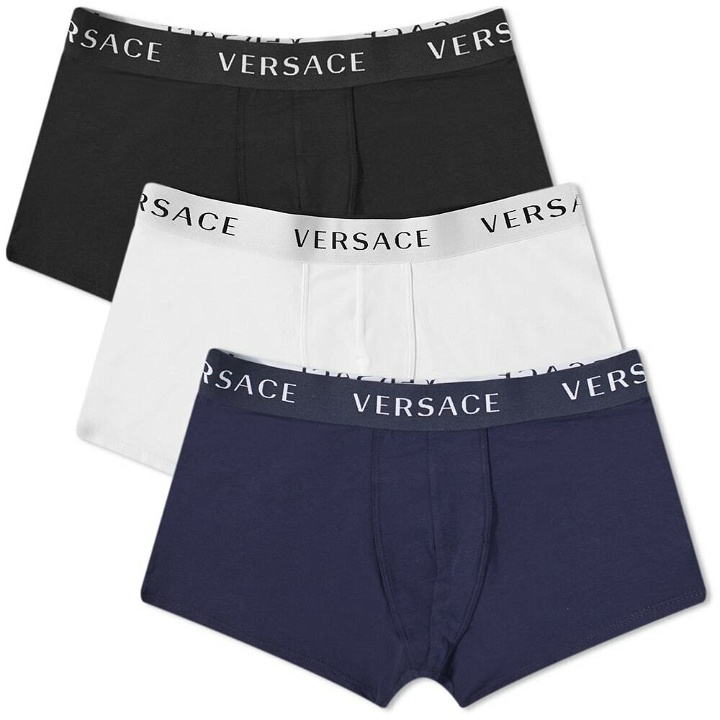 Photo: Versace Men's Logo Waistband Boxer Trunk - 3 Pack in Black/White/Navy