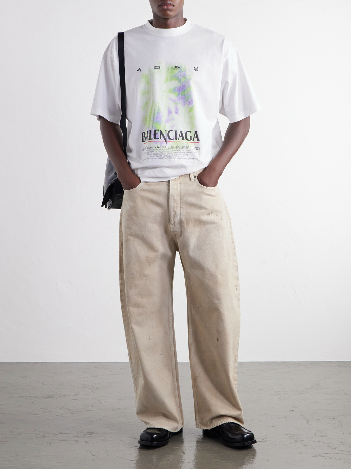 Balenciaga - Wide-Leg Distressed Paint-Splattered Jeans - Neutrals