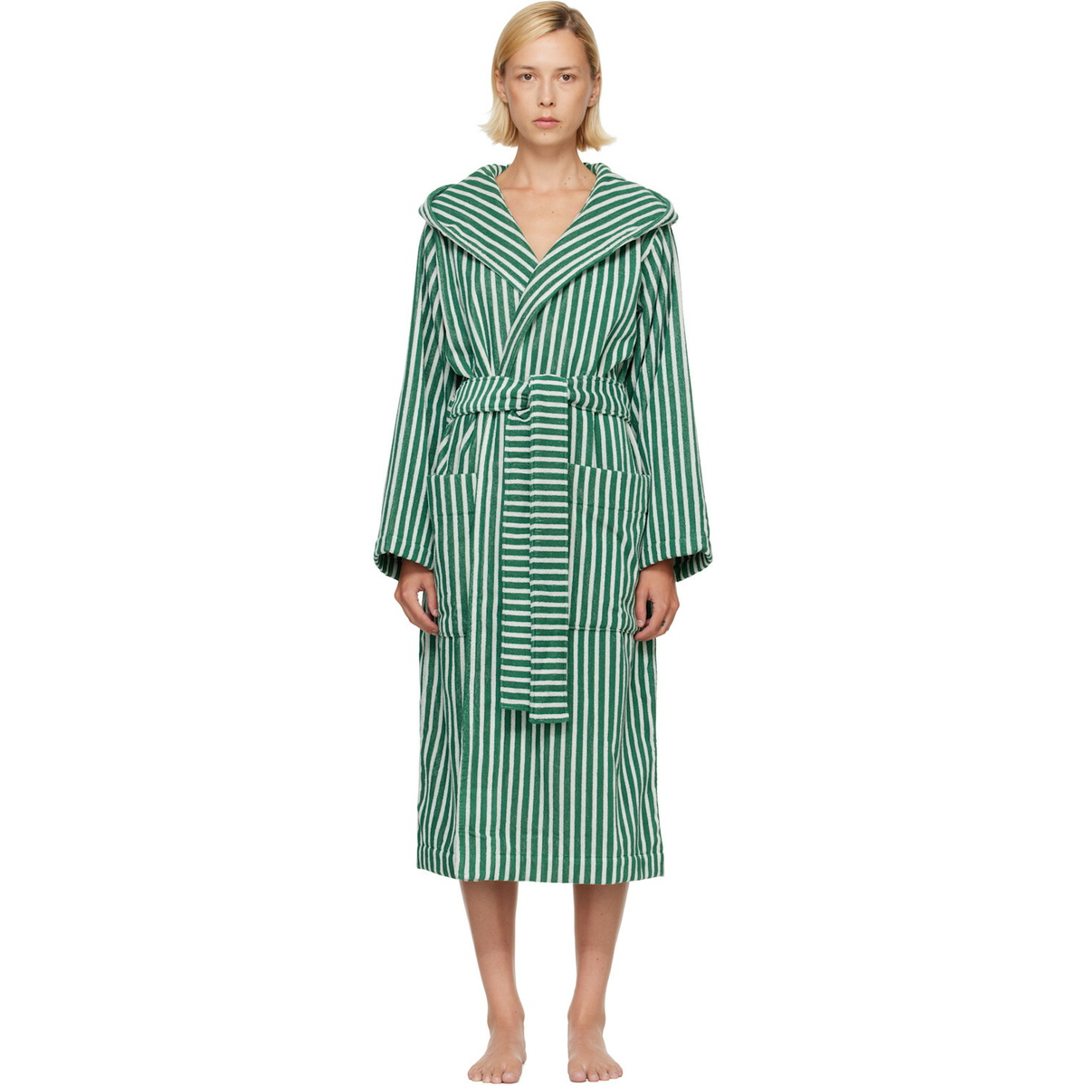 Tekla Green & White Terry Hooded Bathrobe