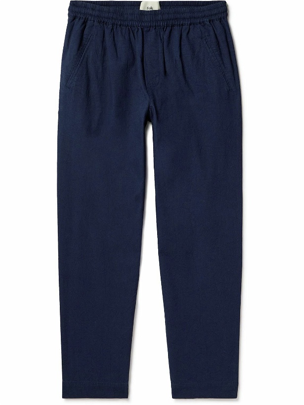 Photo: Folk - Assembly Cropped Tapered Washed Cotton-Piqué Trousers - Blue