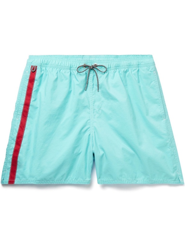 Photo: BIRDWELL - Mid-Length Striped Swim Shorts - Blue