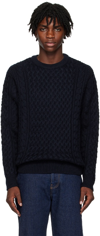 Photo: Sunspel Navy Cable Knit Sweater