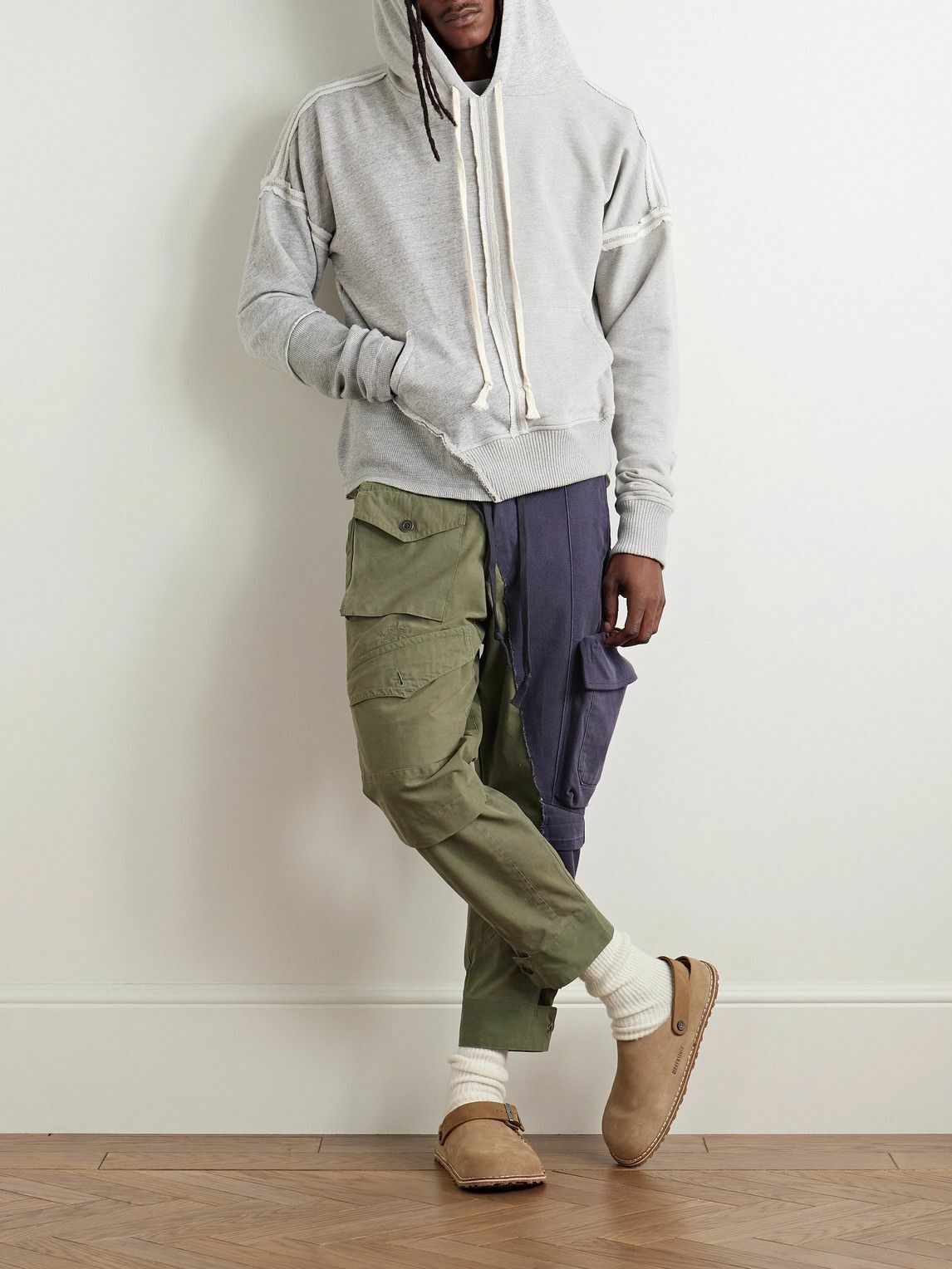 Greg Lauren - Tapered Panelled Cotton-Canvas and Denim Cargo Trousers - Green