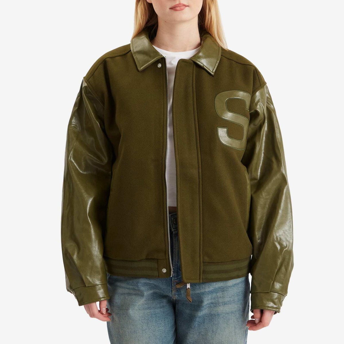 House Of Sunny Women's Vinyl Free Fall Bomber Jacket in Army Green