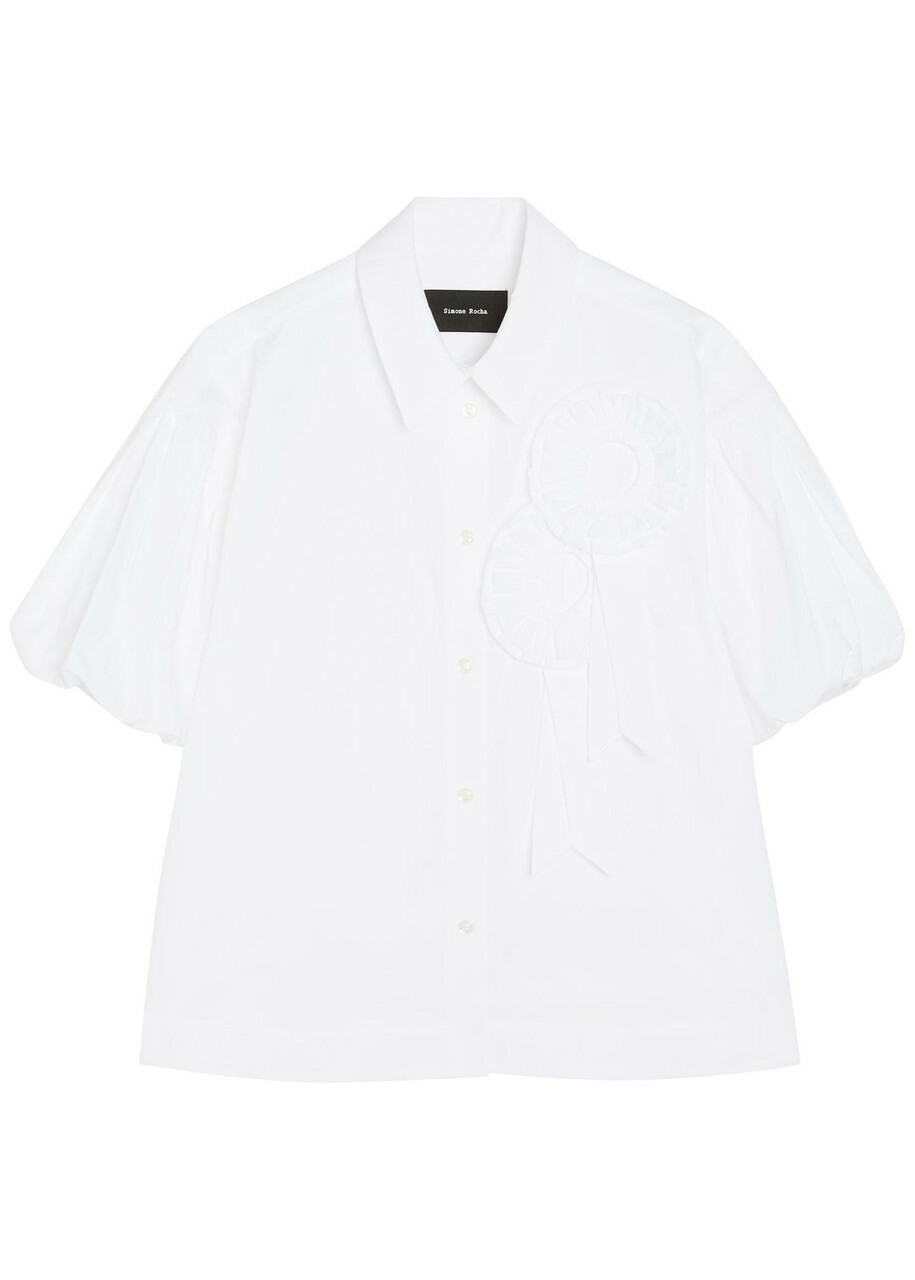 Simone Rocha Floral-appliquéd Cropped Cotton-poplin Shirt White
