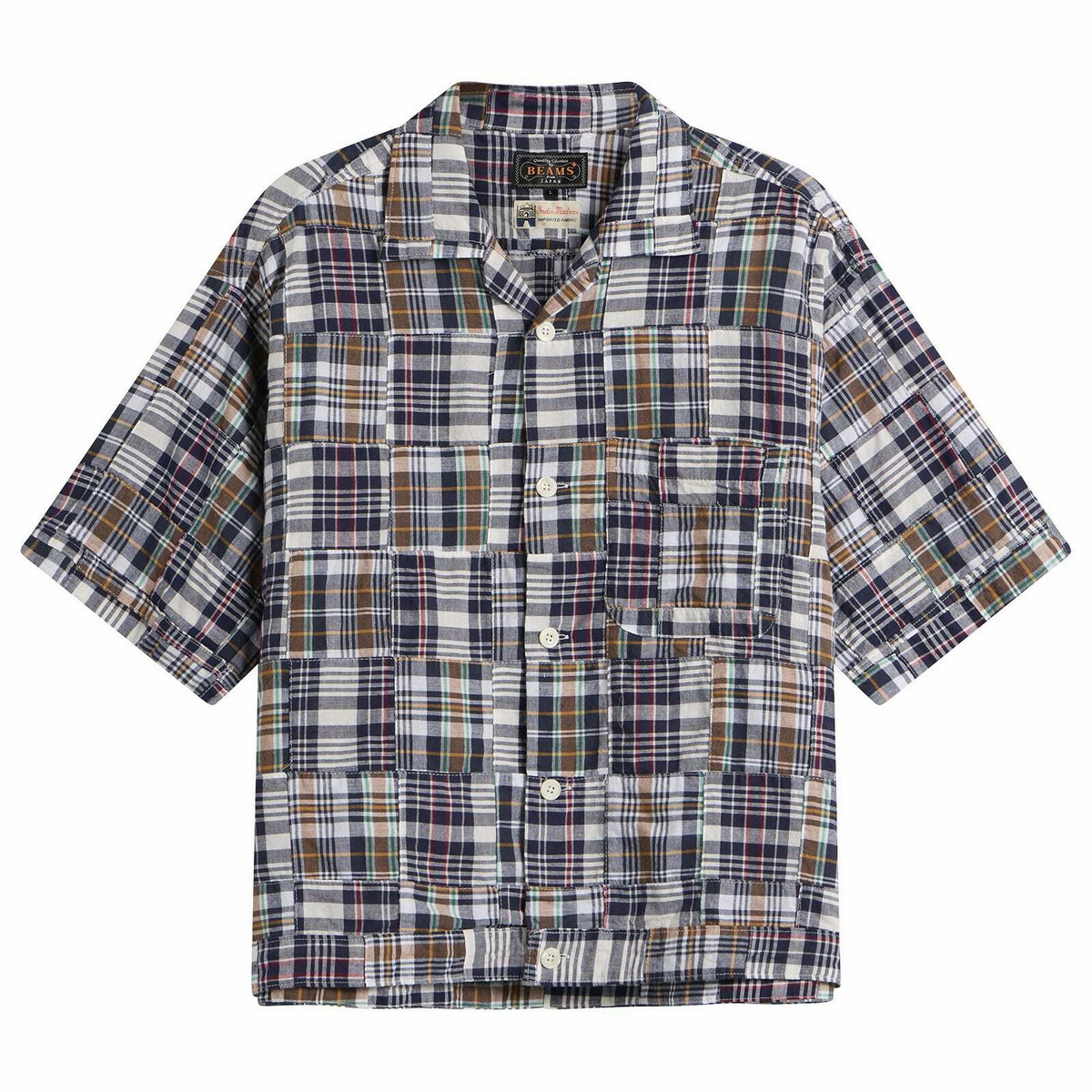 Beams Plus Men's Patchwork Madras Cabana Shirt in Navy