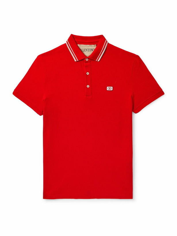 Photo: Valentino Garavani - Logo-Appliquéd Striped Cotton-Piqué Polo Shirt - Red