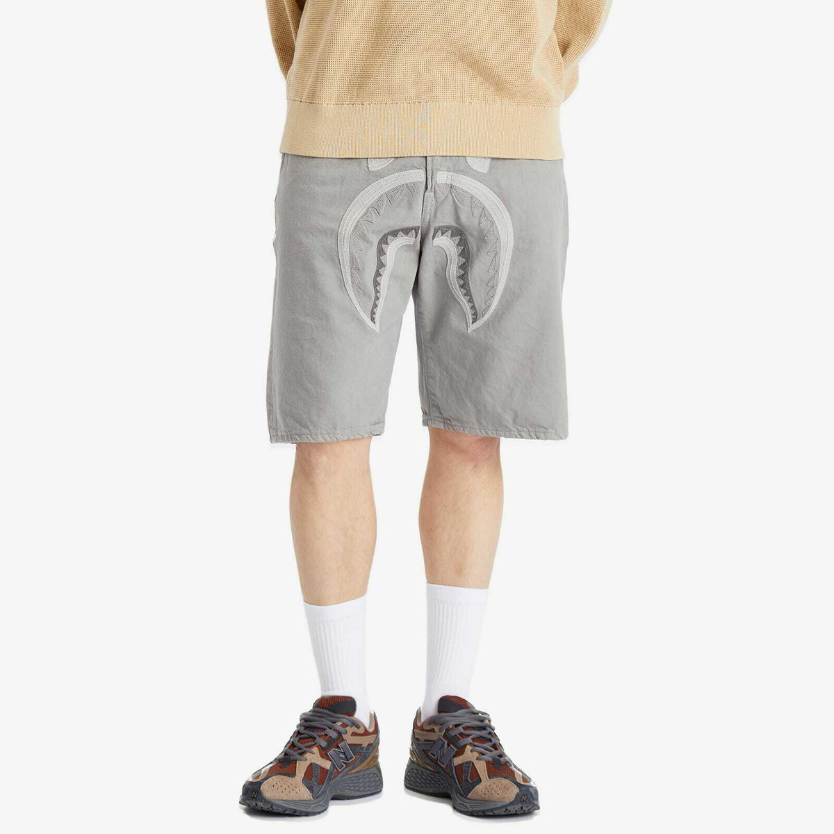 A Bathing Ape Men's Shark Garment Dye Relaxed Fit Denim Shorts in Grey