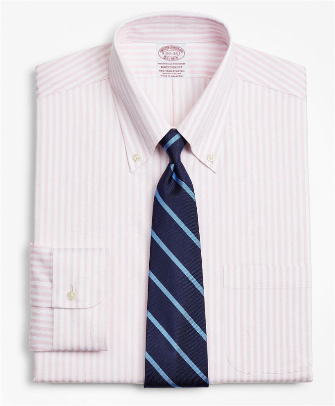 Photo: Brooks Brothers Men's Stretch Madison Relaxed-Fit Dress Shirt, Non-Iron Twill Button-Down Collar Bold Stripe | Pink