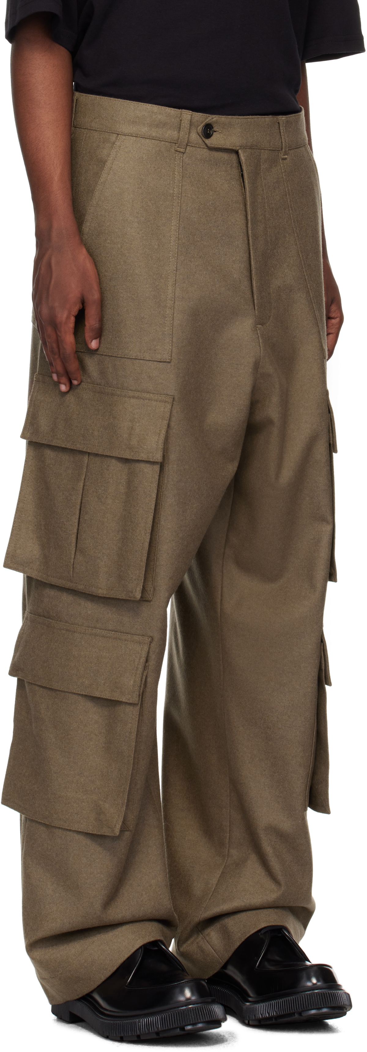 Lownn Taupe Flannel Wool Long Cargo Pants