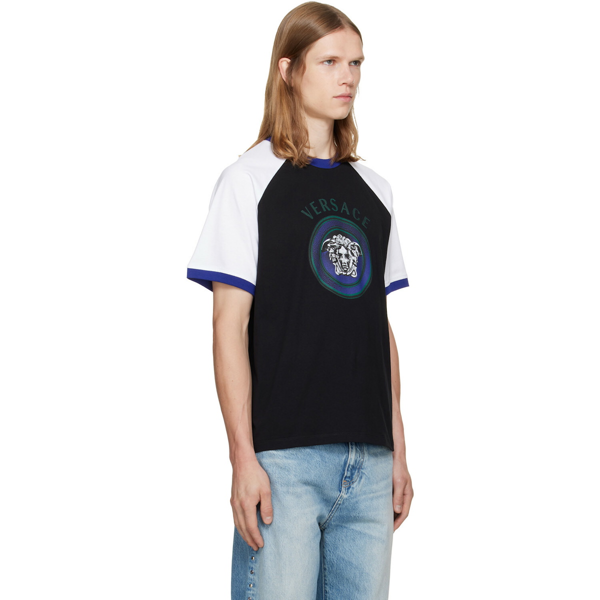Versace Black & White Printed Cotton Jersey Regular T-shirt