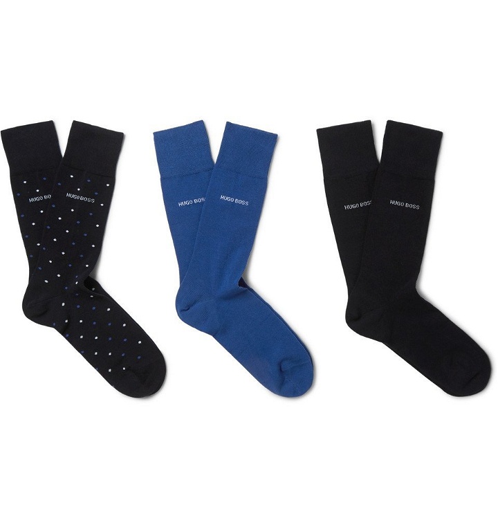 Photo: Hugo Boss - Three-Pack Stretch Cotton-Blend Socks - Blue