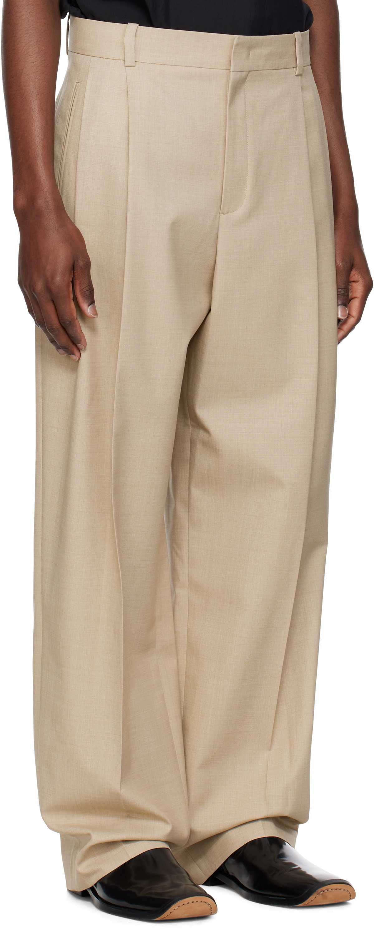 RECTO Beige Double Pleated Wide Trousers