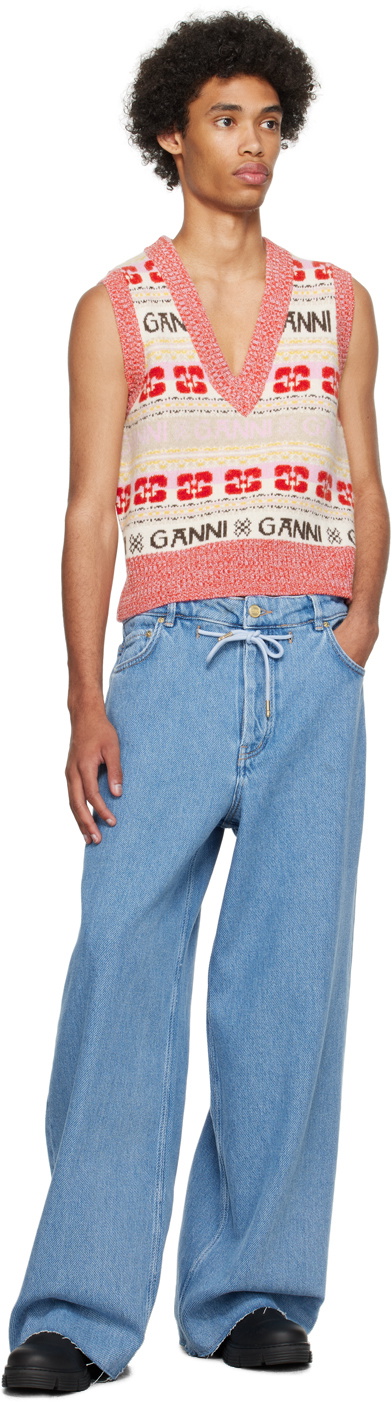 Ganni Heavy Denim Wide Drawstring Jeans in Light Blue Stone