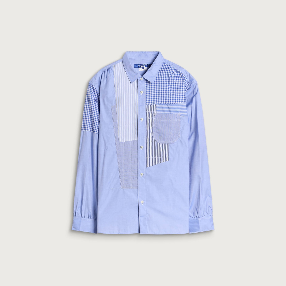Junya Watanabe MAN Men's Patchwork Cotton Twill Check and Stripe S in Saxe Mix
