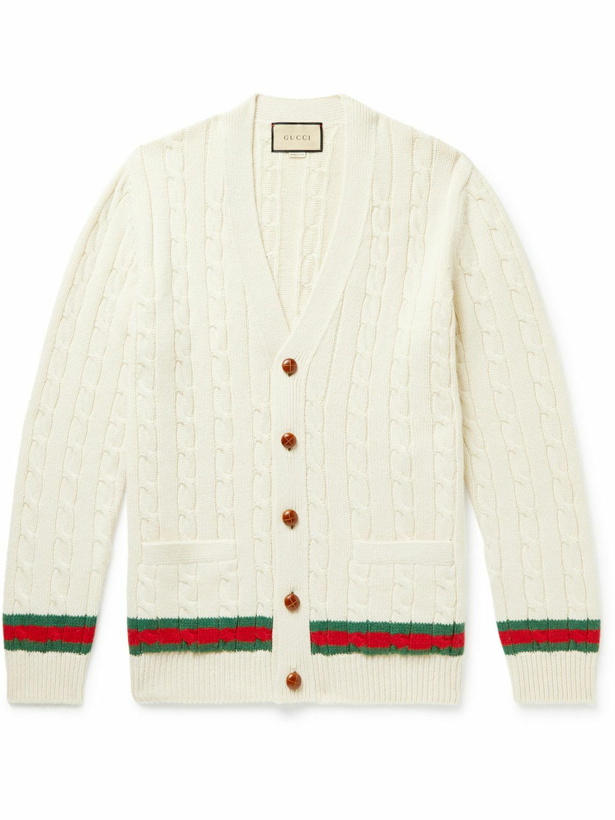 Photo: GUCCI - Striped Cable-Knit Cashmere and Wool-Blend Cardigan - Neutrals