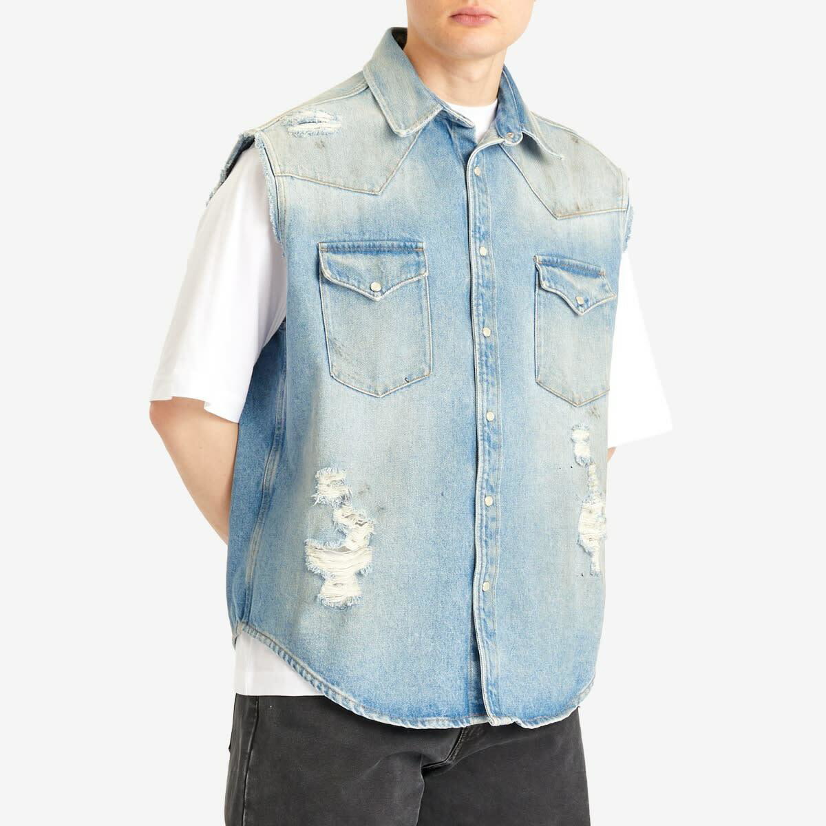 MM6 Maison Margiela Men's Sleeveless Distressed Denim Shirt