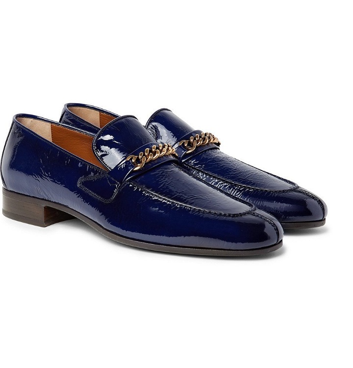 Photo: TOM FORD - Peer Chain-Trimmed Textured Patent-Leather Loafers - Men - Navy