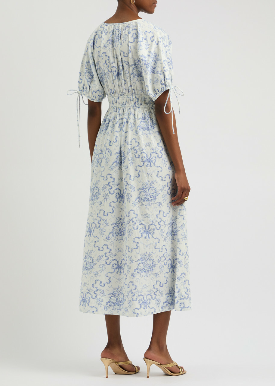Loveshackfancy Mastey Printed Cotton Midi Dress Blue