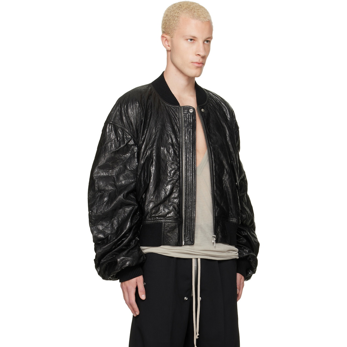 Rick Owens Black Tower Secchia Flight Leather Bomber Jacket