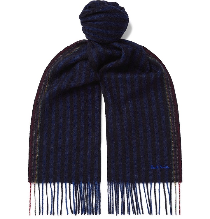 Photo: Paul Smith - Logo-Embroidered Fringed Striped Wool and Cashmere-Blend Scarf - Blue