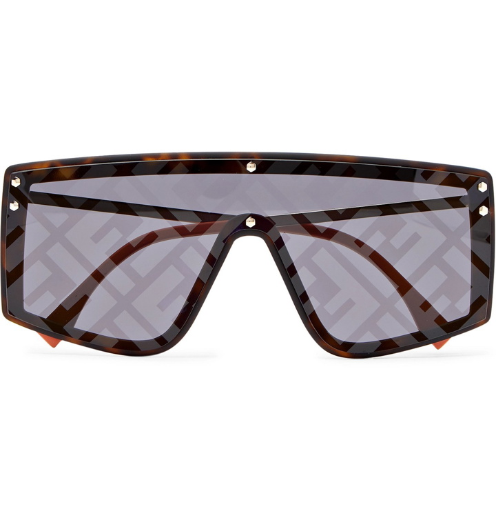 Photo: Fendi - Shield-Frame Logo-Print Tortoiseshell Acetate and Gold-Tone Sunglasses - Black