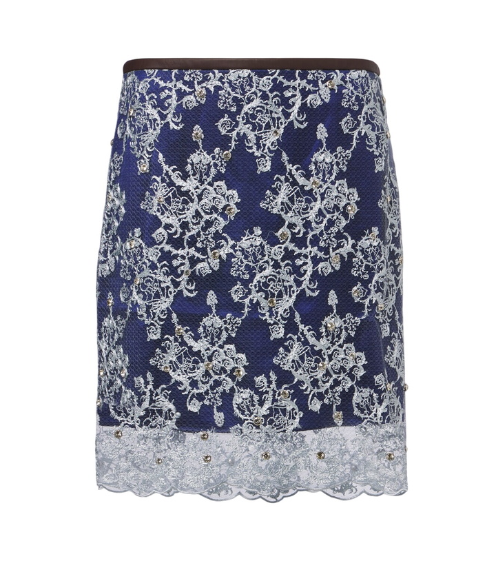 Photo: Jacques Wei Embellished leather-trimmed lace miniskirt