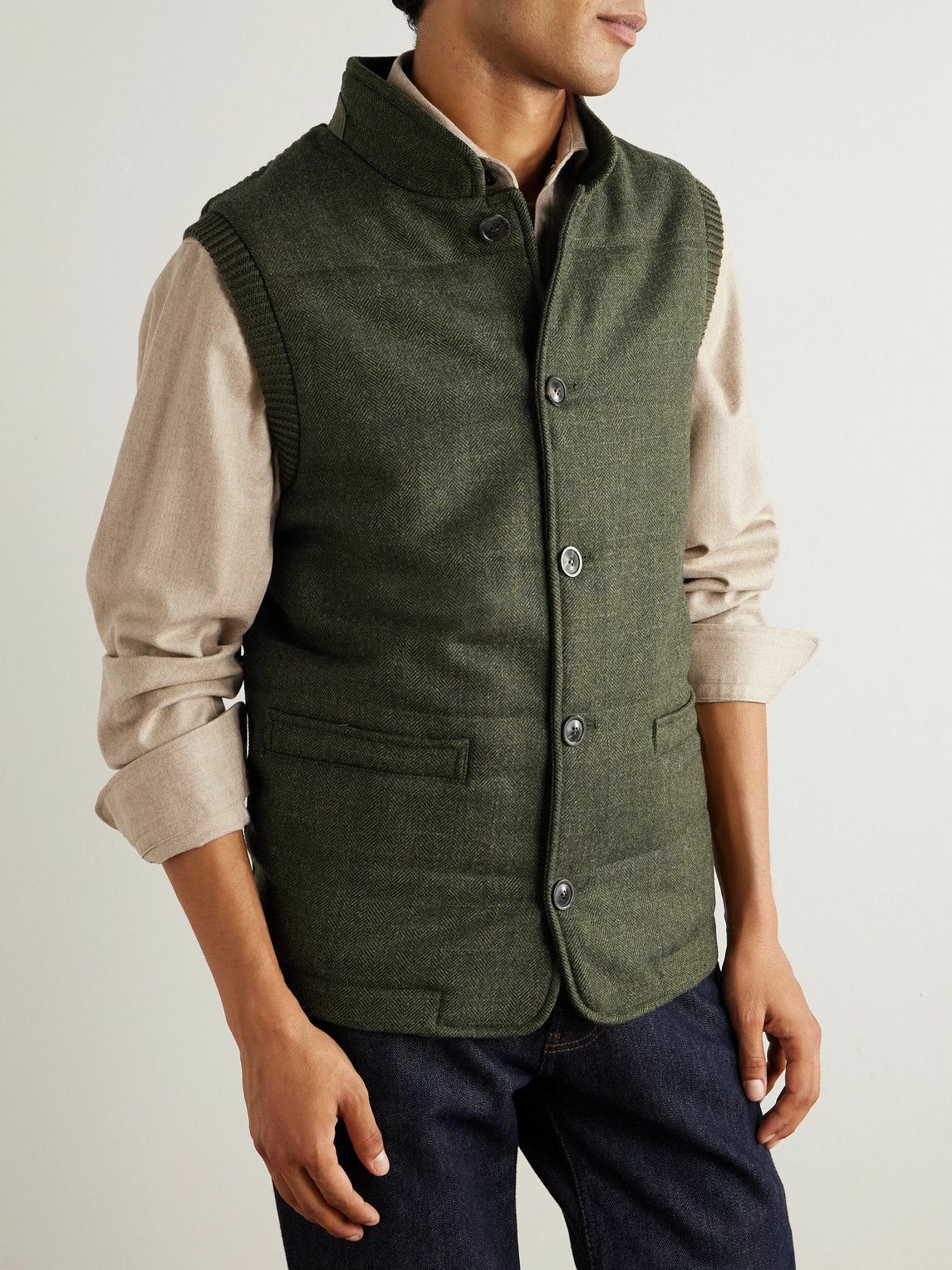 Purdey - Padded Herringbone Wool-Blend Gilet - Green