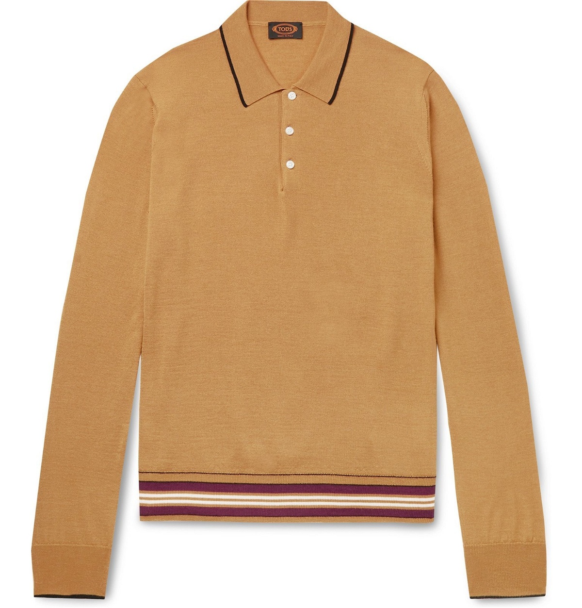 Photo: Tod's - Contrast-Tipped Knitted Merino Wool and Silk-Blend Polo Shirt - Yellow