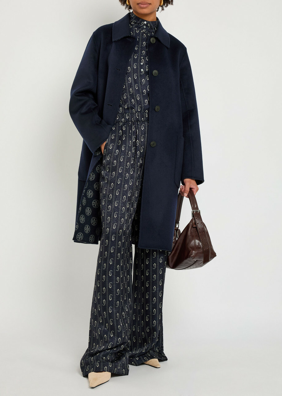 Tory Burch Logo-intarsia Wool-blend Coat Navy