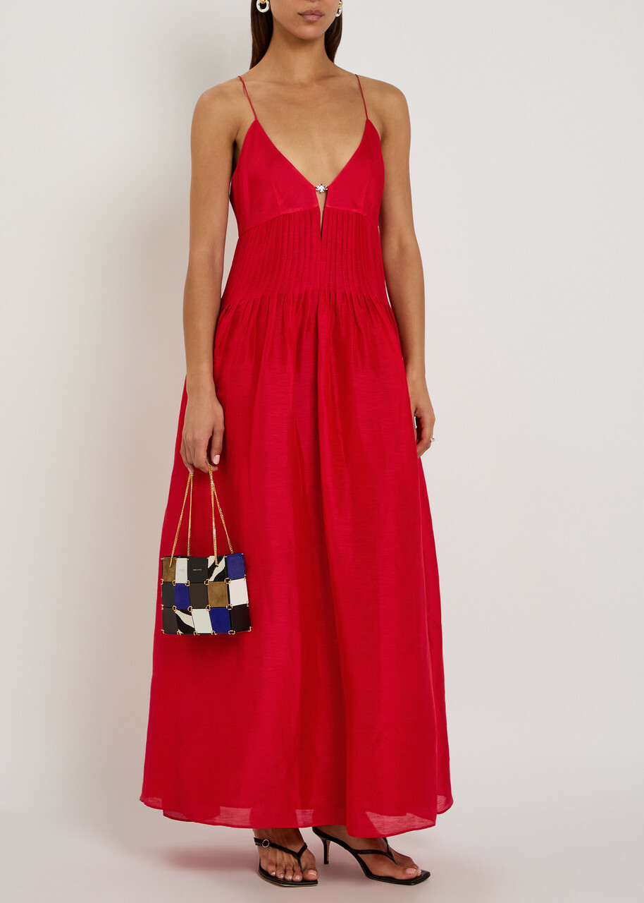 Tory Burch Pleated Linen and Silk-blend Maxi Dress Bright Red
