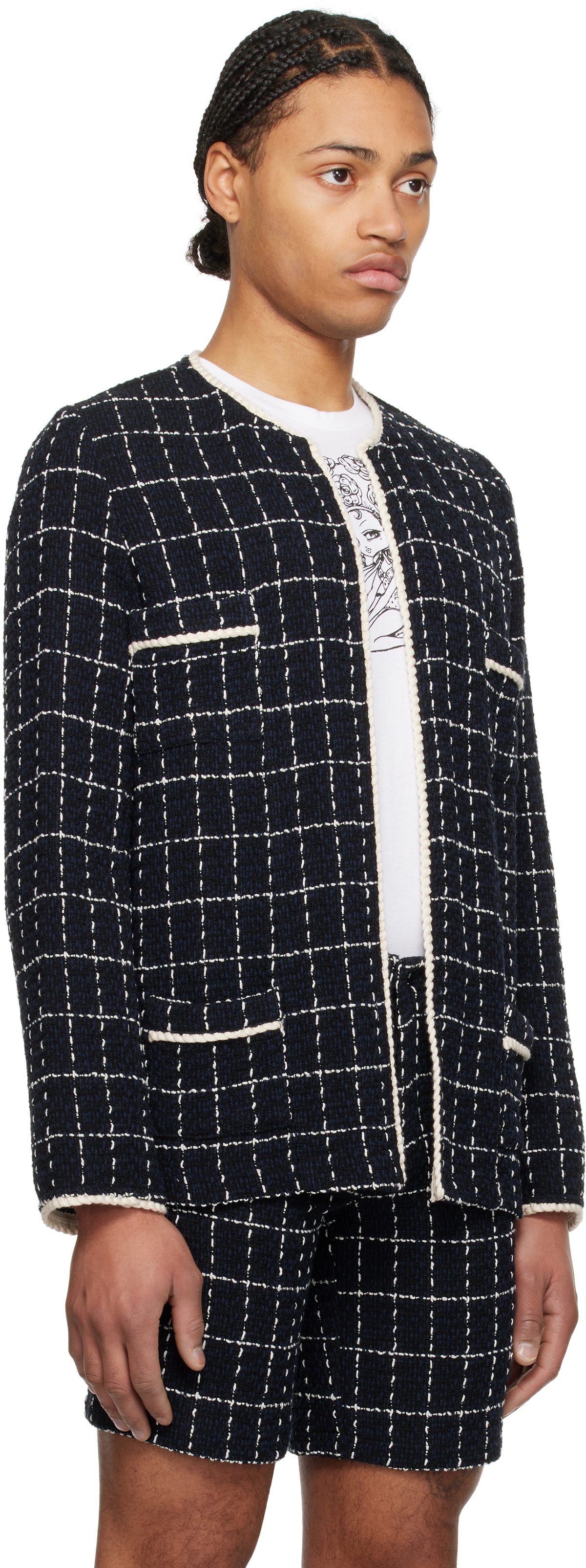Anna Sui Navy Windowpane Tweed Jacket