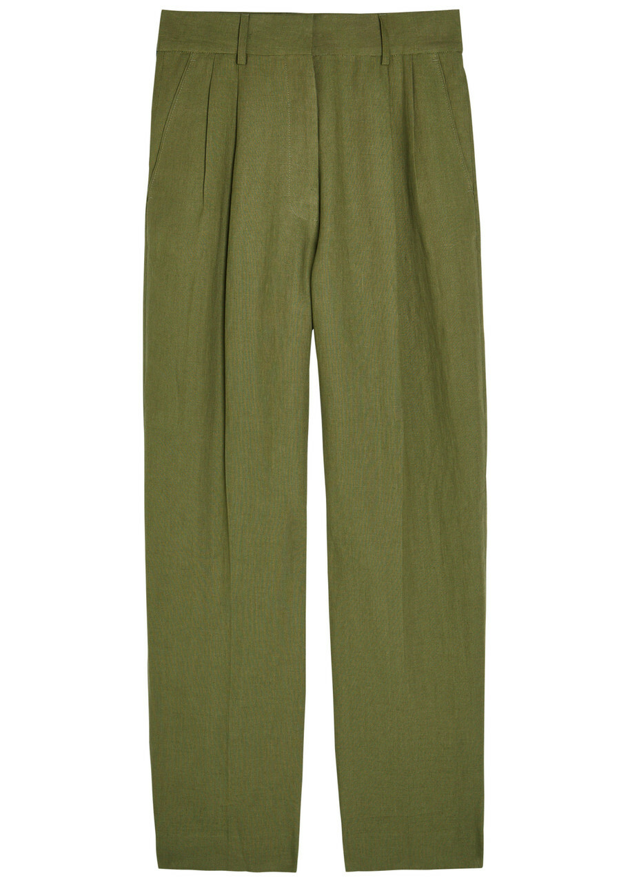 Blaze Milano Fox Pleated Straight-leg Linen Trousers Dark Green