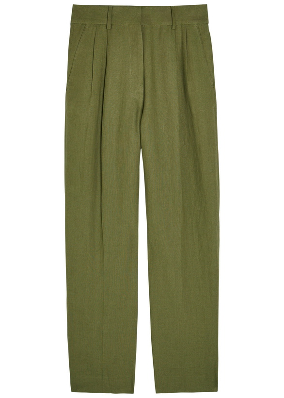 Photo: Blaze Milano Fox Pleated Straight-leg Linen Trousers Dark Green