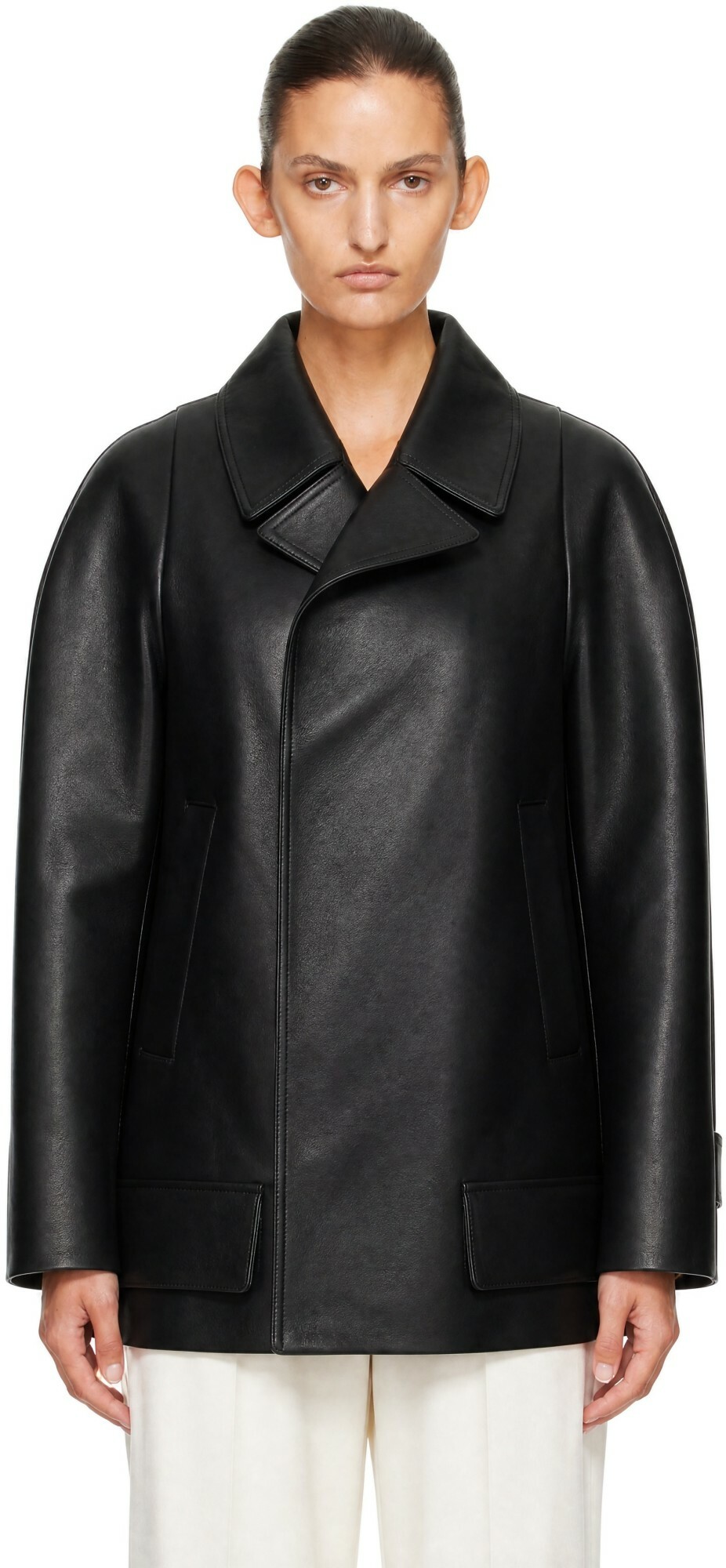 Victoria Beckham Black Leather Pea Coat
