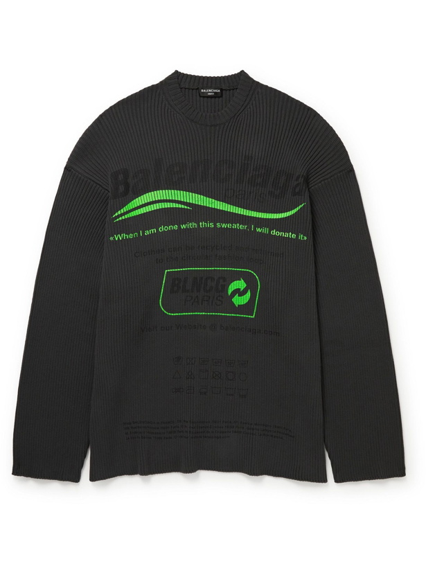 Photo: Balenciaga - Oversized Logo-Print Ribbed Cotton Sweater - Gray