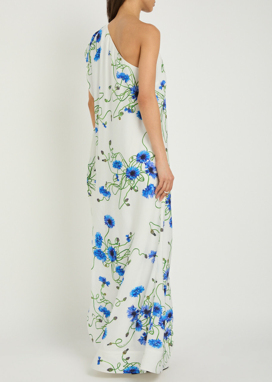 Stella Mccartney Asymmetric Floral-print Satin Maxi Dress White