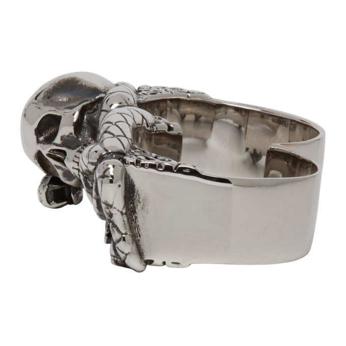 Alexander McQueen Silver Skull and Snake Two Finger Ring