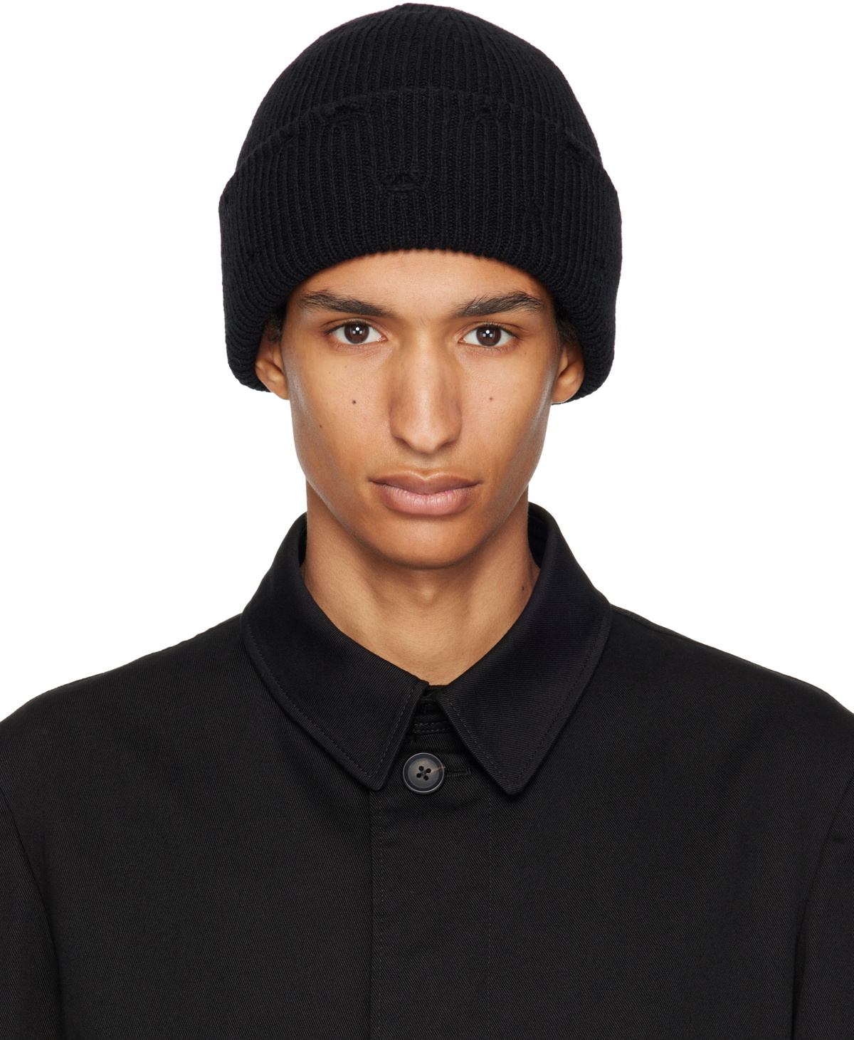 Y's For Men Black Damaged Knit Beanie